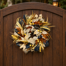Load image into Gallery viewer, 21 inch wheat and navy magnolia wreath for front door