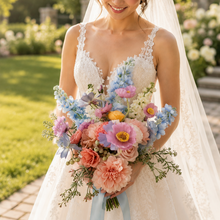 Load image into Gallery viewer, Blue Delphinium and white snapdragon pastel artificial faux bridal bouquet