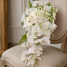 Load image into Gallery viewer, Faux orchid and calla lily cascading bridal bouquet