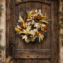 Load image into Gallery viewer, 21 inch wheat and navy magnolia wreath for front door