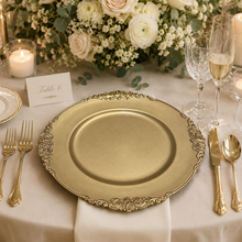Load image into Gallery viewer, Antique champagne gold charger 13 inches for rent