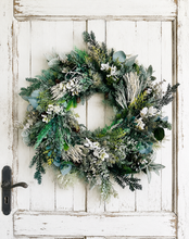 Load image into Gallery viewer, 23 inch Lush winter mix evergreens snowy wreath