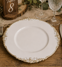 Load image into Gallery viewer, Antique white and gold charger 13 inches for rent