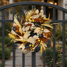 Load image into Gallery viewer, 21 inch wheat and navy magnolia wreath for front door
