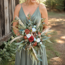 Load image into Gallery viewer, Cascading terracotta white and pampas wedding bouquet | Terracotta pampas bridesmaid bouquets | Dark orange pampas wedding boutonniere |