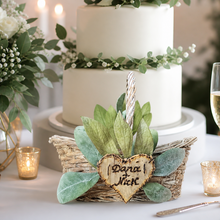 Load image into Gallery viewer, Classic white and green flower girl basket personalized - Custom flower girl basket with lambs ear greenery