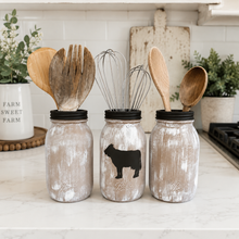 Load image into Gallery viewer, Farmhouse utencil holder Cow utensil holder Cow kitchen decor Distressed mason jars Rustic mason jars for utensils