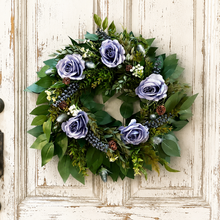 Load image into Gallery viewer, Artificial fall ficus blueberry wreath with dusty blue roses, ruscus and dusty pink pinecones