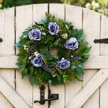 Load image into Gallery viewer, Artificial fall ficus blueberry wreath with dusty blue roses, ruscus and dusty pink pinecones