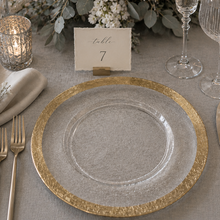 Load image into Gallery viewer, Gold rimmed clear glass 13 inch charger for rent