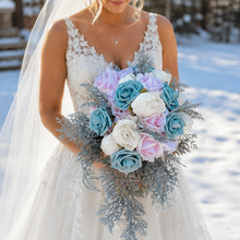 Load image into Gallery viewer, Cascading dusty blue wedding bouquet | Dusty blue bridesmaid bouquets | Dusty blue boutonnieres for wedding