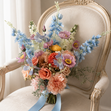 Load image into Gallery viewer, Blue Delphinium and white snapdragon pastel artificial faux bridal bouquet