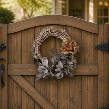 Load image into Gallery viewer, Purple lamb's ear wreath fall- Fall mauve and blue wreath with blueberries and dried peony
