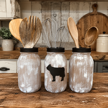 Load image into Gallery viewer, Farmhouse utencil holder Cow utensil holder Cow kitchen decor Distressed mason jars Rustic mason jars for utensils