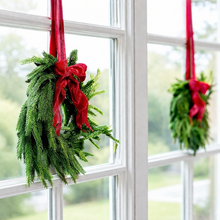 Load image into Gallery viewer, Real touch Norfolk pine cabinet wreaths - Mini Norfolk pine wreath for kitchen cabinets with red velvet ribbon