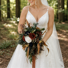 Load image into Gallery viewer, Navy terracotta fall wedding bouquet with babies breath and eucalyptus