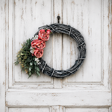 Load image into Gallery viewer, Dark gray grapevine wreath with pink roses, eucalyptus and babies breath spring wreath for front door for screen door