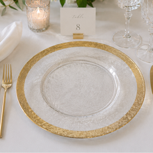 Load image into Gallery viewer, Gold rimmed clear glass 13 inch charger for rent