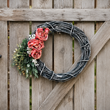 Load image into Gallery viewer, Dark gray grapevine wreath with pink roses, eucalyptus and babies breath spring wreath for front door for screen door