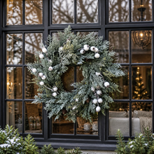 Load image into Gallery viewer, Winter wreath for screen door, Glittered wreath Christmas, Cedar wreath artificial, Simple greenery wreath, Winter wonderland decor wreath