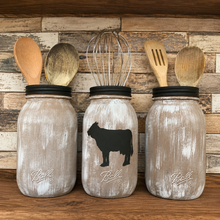 Load image into Gallery viewer, Farmhouse utencil holder Cow utensil holder Cow kitchen decor Distressed mason jars Rustic mason jars for utensils