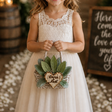 Load image into Gallery viewer, Classic white and green flower girl basket personalized - Custom flower girl basket with lambs ear greenery