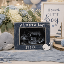 Load image into Gallery viewer, Ahoy it's a boy ultrasound sonogram frame for nautical baby shower