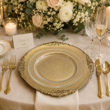 Load image into Gallery viewer, Antique champagne gold charger 13 inches for rent