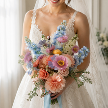 Load image into Gallery viewer, Blue Delphinium and white snapdragon pastel artificial faux bridal bouquet