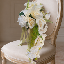 Load image into Gallery viewer, Faux orchid and calla lily cascading bridal bouquet