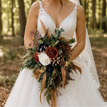 Load image into Gallery viewer, Navy terracotta fall wedding bouquet with babies breath and eucalyptus