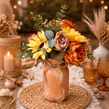 Load image into Gallery viewer, Terracotta painted mason jars - Terracotta themed sunflower wedding table decor -