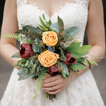 Load image into Gallery viewer, Burgundy, yellow, ficus wedding bouquet | Jewel tone wedding bouquets | Jewel toned bridesmaids bouquets | Yellow wedding boutonniere