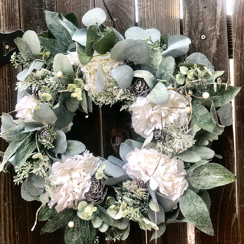 Frosted eucalyptus wreath with white peonies | Winter wreath for front door | Neutral farmhouse wreath | Winter wall decor wreath cream