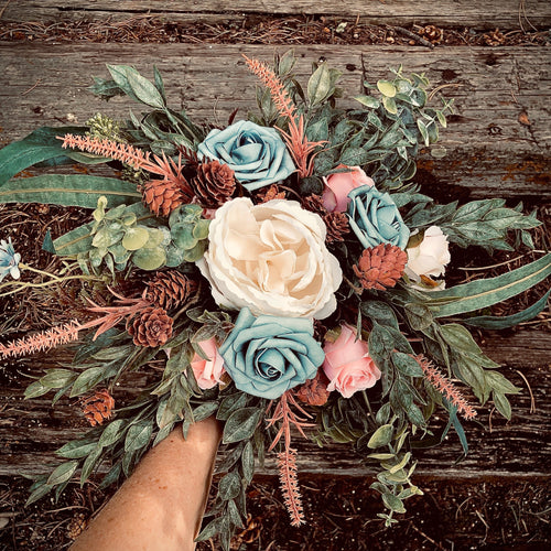 Dusty blue and green bridal bouquet - Greenery wedding bouquet with dusty blue peonies and blush pinecones