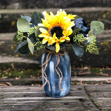 Load image into Gallery viewer, Navy mason jar wedding centerpieces with sunflowers