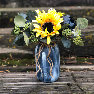 Navy mason jar wedding centerpieces with sunflowers