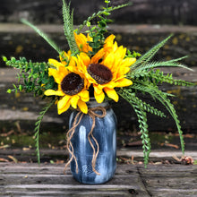 Load image into Gallery viewer, Navy mason jar wedding centerpieces with sunflowers