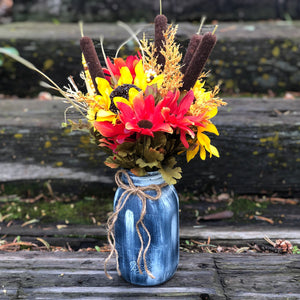 Navy mason jar wedding centerpieces with sunflowers