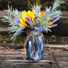 Load image into Gallery viewer, Navy mason jar wedding centerpieces with sunflowers