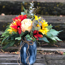 Load image into Gallery viewer, Navy mason jar wedding centerpieces with sunflowers