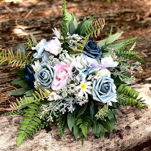 Dusty blue with blush and fern bridal bouquet
