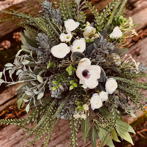 White anemone, ranunculus and mixed greenery wedding bouquet - Anemone bridesmaids bouquets- Anemone boutonniere