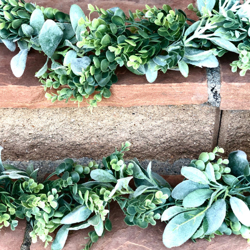 Frosted eucalyptus and lamb's ear garland for wedding centerpiece table decor