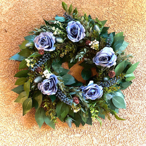 Artificial fall ficus blueberry wreath with dusty blue roses, ruscus and dusty pink pinecones