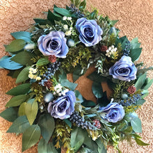 Load image into Gallery viewer, Artificial fall ficus blueberry wreath with dusty blue roses, ruscus and dusty pink pinecones