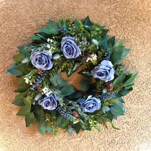 Artificial fall ficus blueberry wreath with dusty blue roses, ruscus and dusty pink pinecones