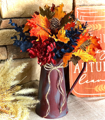 Wine burgundy water pitcher fall centerpiece for dining table-Autumn centerpiece for kitchen