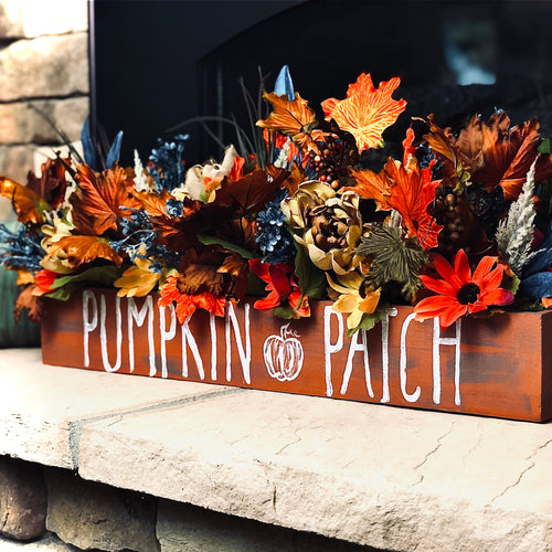 Pumpkin patch fall floral centerpiece for table or mantel with navy accents