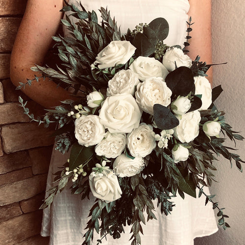 Traditional white rose and peony cascading bridal wedding bouquet